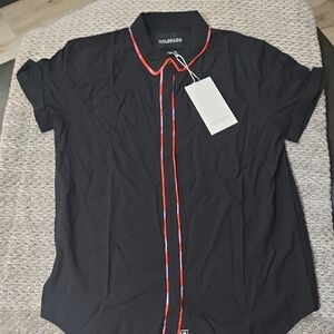 Wildfang Black Shirt with Red and Blue Accents